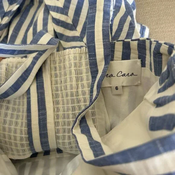 NEW Cara Cara Calypso Midi Dress Sz6 Ivory Blue Striped Seersucker Vacation - Picture 8 of 13